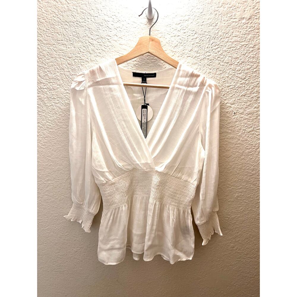 NWT Harve Benard Smocked Peplum Blouse White Faux Wrap Top S Cottagecore Paris - Picture 2 of 9